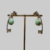 Pair of earrings with turquoise stones and silver accents on a stand against a beige background